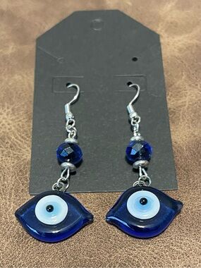 Blue Evil Eye Drop Earrings with Faceted Bead Accents